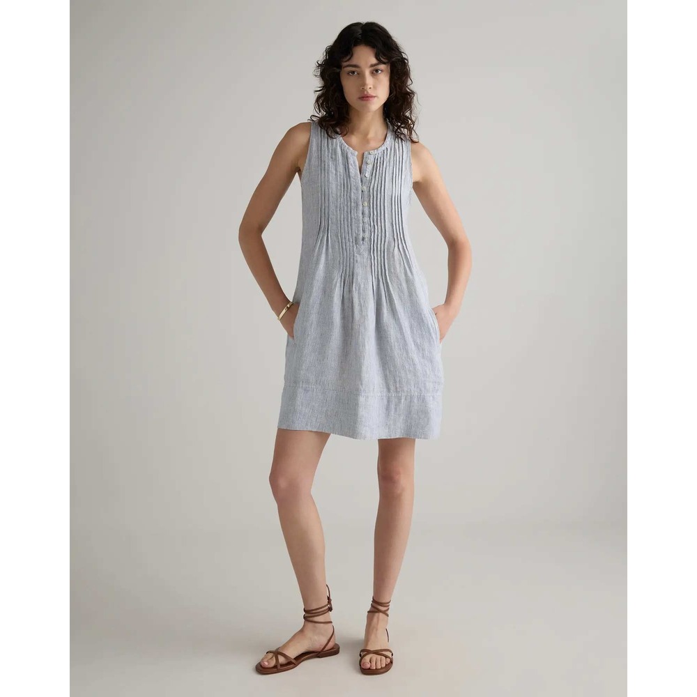 Quince European Linen Swing Dress Blue Pinstripe Pintuck Sleeveless Mini NWT XS